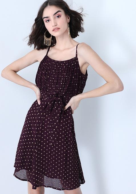 Wine Self Design Strappy Belted Dress