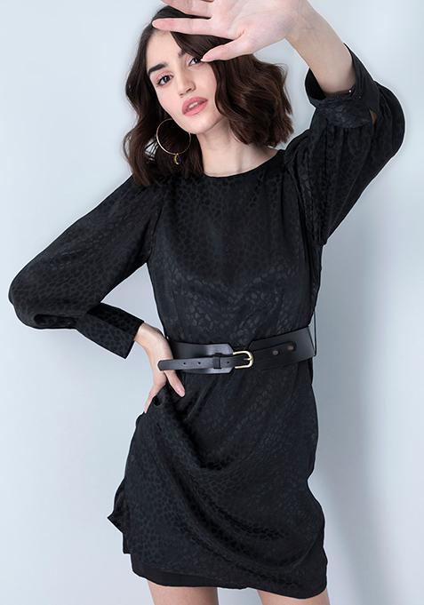 Black Ruched Textured Satin Shift Dress 