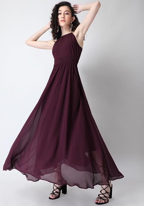 Wine Ruched Halter Maxi Dress 