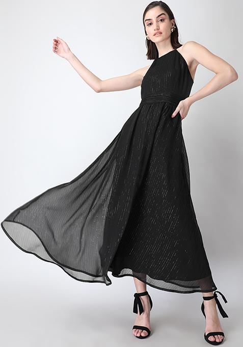 Buy Women Black Ruched Halter Maxi Dress - Date Night Dress Online ...