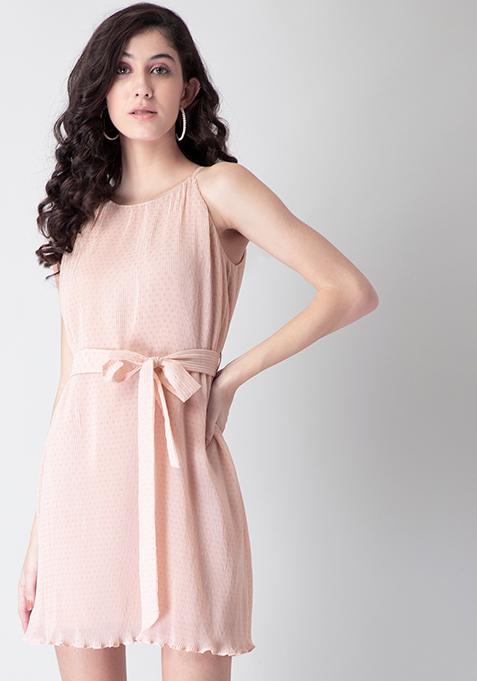 Blush Pleated Belted Halter Neck Dress 