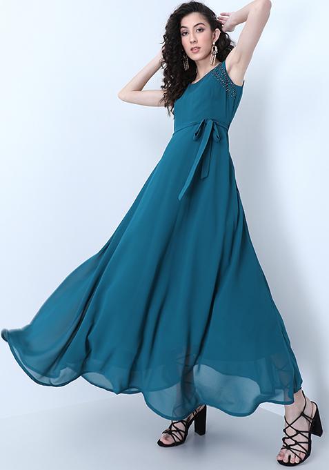 Teal Embellished Sleeveless Maxi Dress 