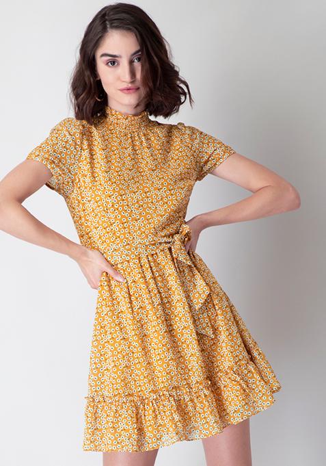 Yellow Floral Belted High Neck Dress 