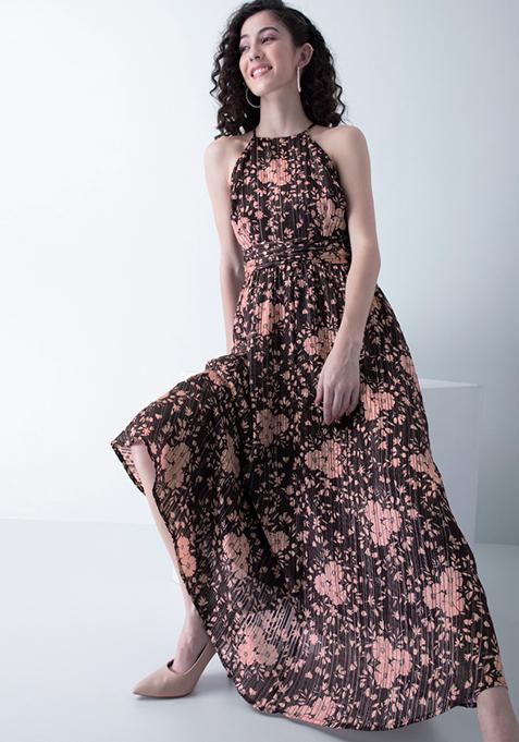 Maroon Floral Lurex Halter Neck Maxi Dress