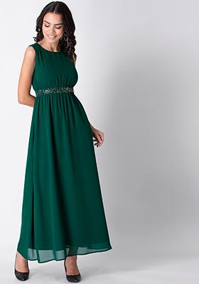 Dark Green Embellished Maxi Dress 