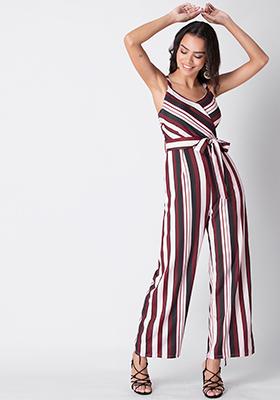 Maroon Strappy Striped Jumpsuit with Belt 