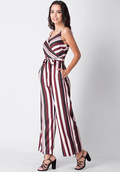 Buy Women Maroon Strappy Striped Jumpsuit With Belt - Date Night Dress ...