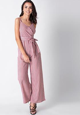 Pink Strappy Striped Jumpsuit with Belt 
