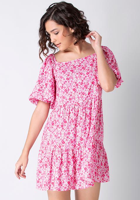 Buy Women Pink Ditsy Floral Tiered Dress - Beach Wear Online India ...