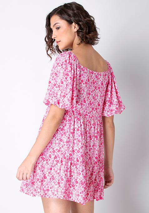 Buy Women Pink Ditsy Floral Tiered Dress - A-Line Dresses Online India - FabAlley