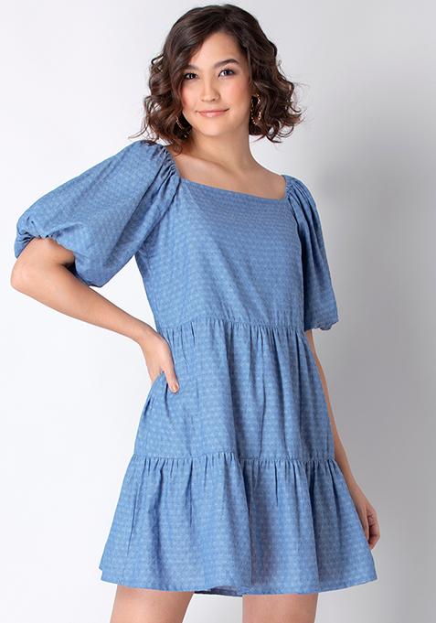 Blue Blouson Sleeve Tiered Dress 