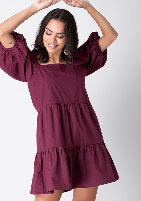 Wine Blouson Sleeve Tiered Dress 