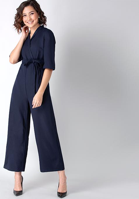 Buy Women Navy Collared Belted Jumpsuit - Date Night Dress Online India ...