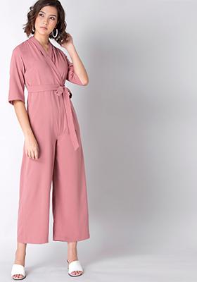 Dusty Pink Collared Belted Jumpsuit 