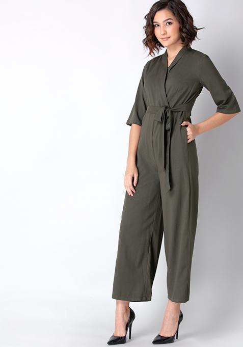 Buy Women Olive Collared Belted Jumpsuit - Date Night Dress Online ...
