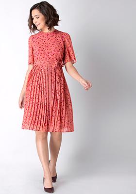 Coral Floral Pleated Belted Dress 