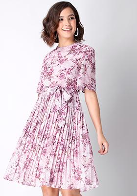 Blush Floral Pleated Belted Dress 