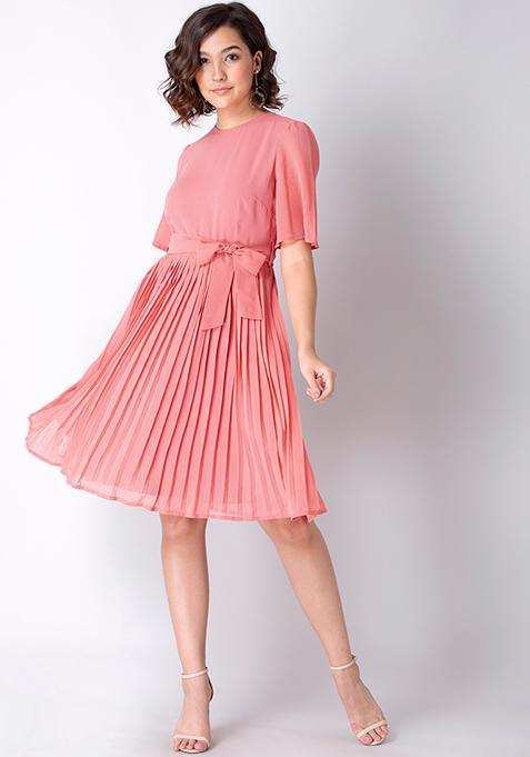 Buy Women Pink Pleated Belted Dress Date Night Dress Online India Faballey 