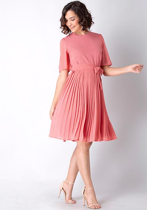 Buy Women Pink Pleated Belted Dress Date Night Dress Online India Faballey 