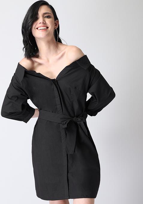 Black Off Shoulder Belted Shirt Dress