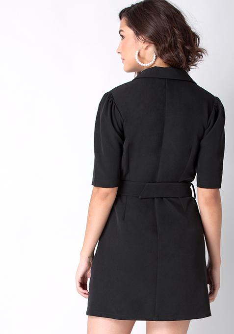 Buy Women Black Notch Collared Belted Shirt Dress - Date Night Dress ...