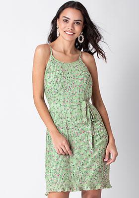 Green Floral Pleated Belted Dress