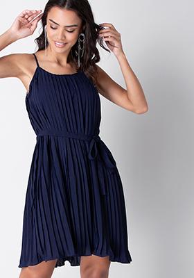 Navy Strappy Pleated A-Line Dress 