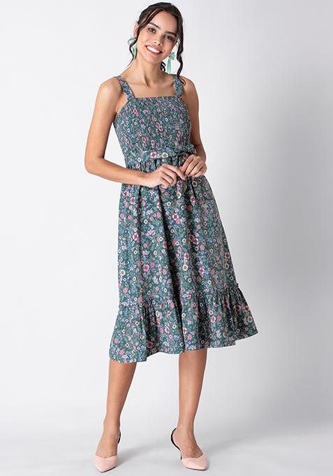 Buy Women Green Floral Smocked Belted Midi Dress - Date Night Dress ...