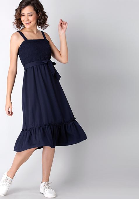 Navy Smocked Belted Midi Dress 