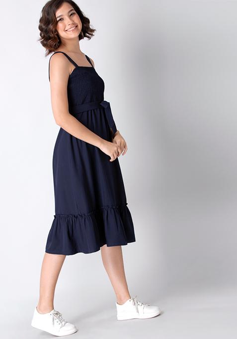 navy smocked midi dress
