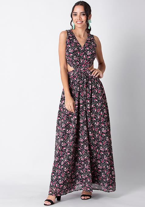 Buy Women Black Floral Cut Out Waist Maxi Dress - Date Night Dress ...
