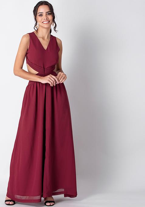 Buy Women Maroon Cut Out Waist Maxi Dress - Date Night Dress Online ...
