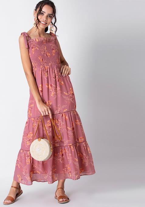 Dusty Pink Floral Shoulder Tie Maxi Dress 