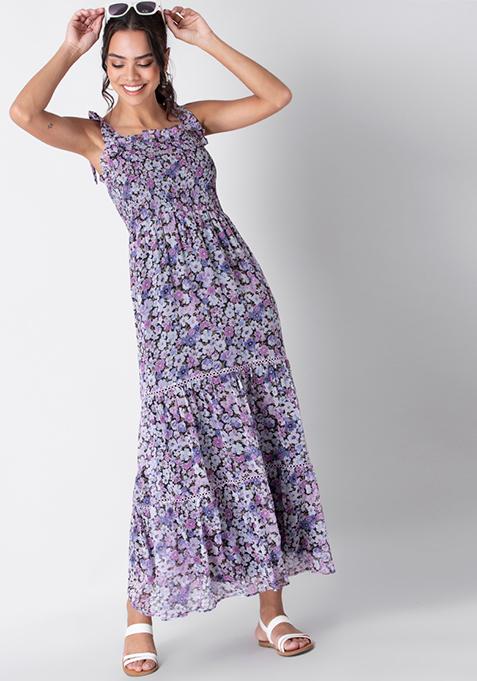 Buy Women Purple Ditsy Floral Shoulder Tie Maxi Dress - Trends Online ...