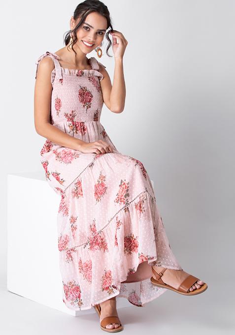 Beige Floral Shoulder Tie Maxi Dress 