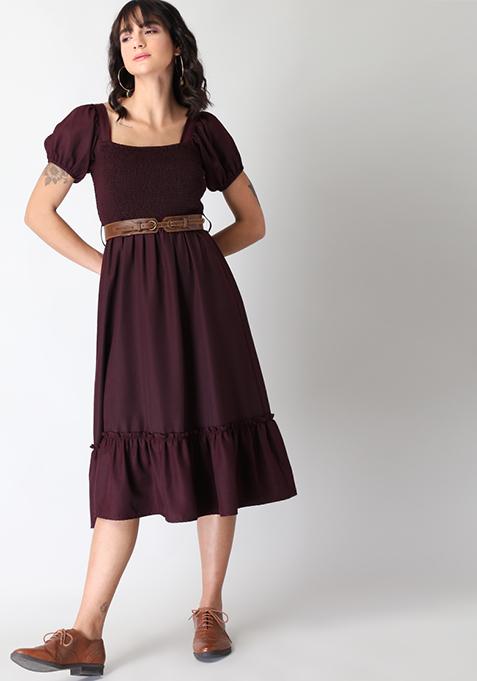 Wine Smocked Square Neck Dress with Belt 