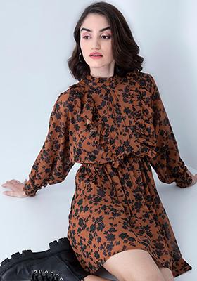 Brown Floral Ruffled High Neck Dress 
