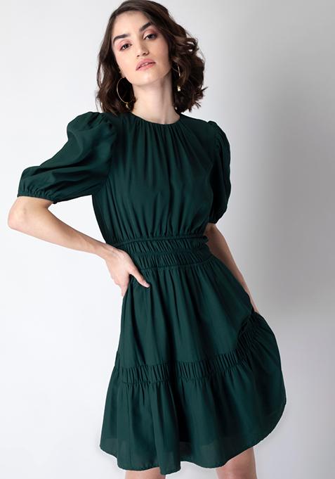 Dark Green Smocked Puff Sleeve Dress