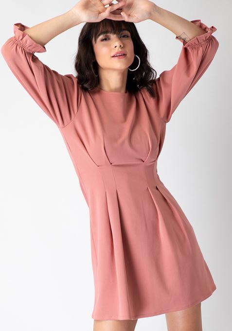 Blush Pink Pleated Full Sleeve Dress