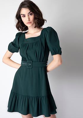 Green Square Neck Puff Sleeve Belted Dress