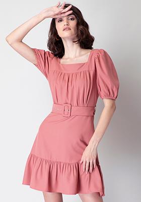 Dusty Pink Puffed Sleeve Belted A-Line Dress 
