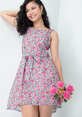 Pink Floral Strappy Belted Dress 