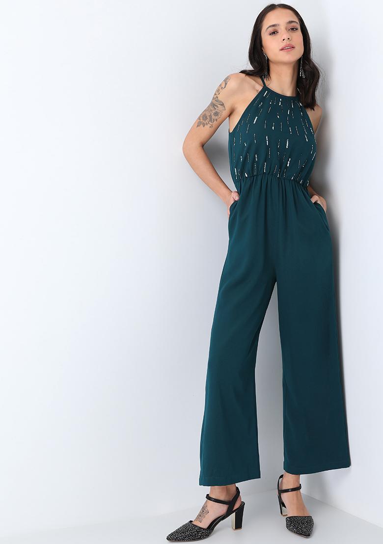 Buy Women Bottle Green Halter Neck Embellished Jumpsuit Date Night