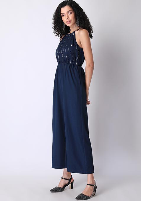 Buy Women Navy Halter Neck Embellished Jumpsuit - Date Night Dress ...