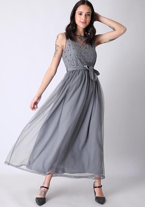 Grey Mesh Embellished Belted Maxi Dress 