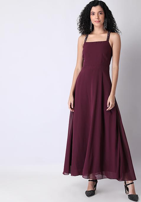 Buy Women Wine Strappy Halter Embellished Maxi Dress - Date Night Dress ...