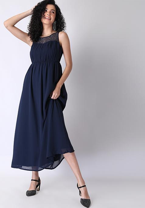 Navy Embellished Sleeveless Maxi Dress