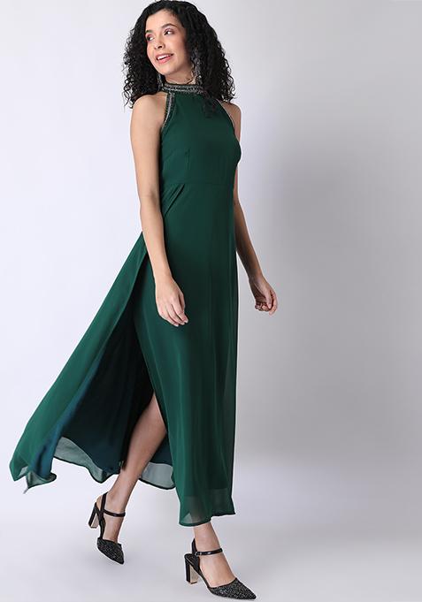 Green Halter Neck Embellished Maxi Dress