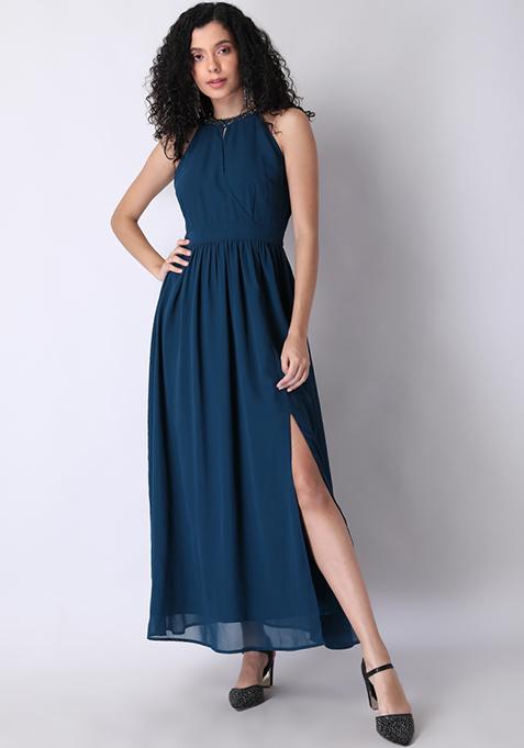 Teal Wrap Halter Neck Embellished Maxi Dress