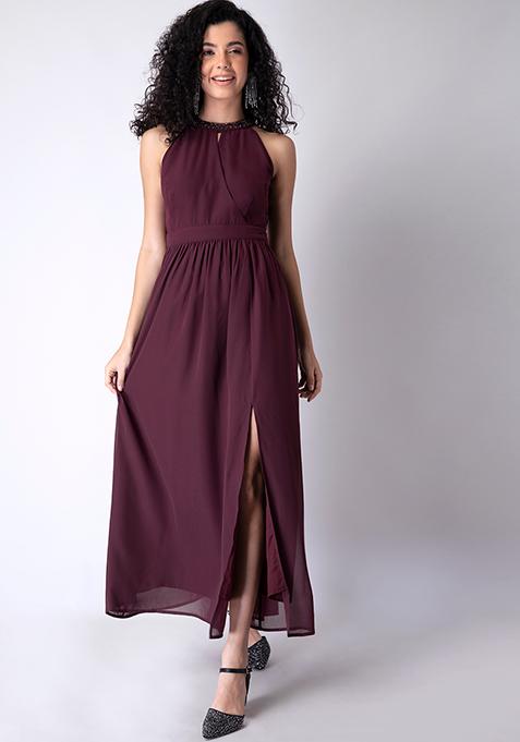 Wine Wrap Halter Neck Embellished Maxi Dress